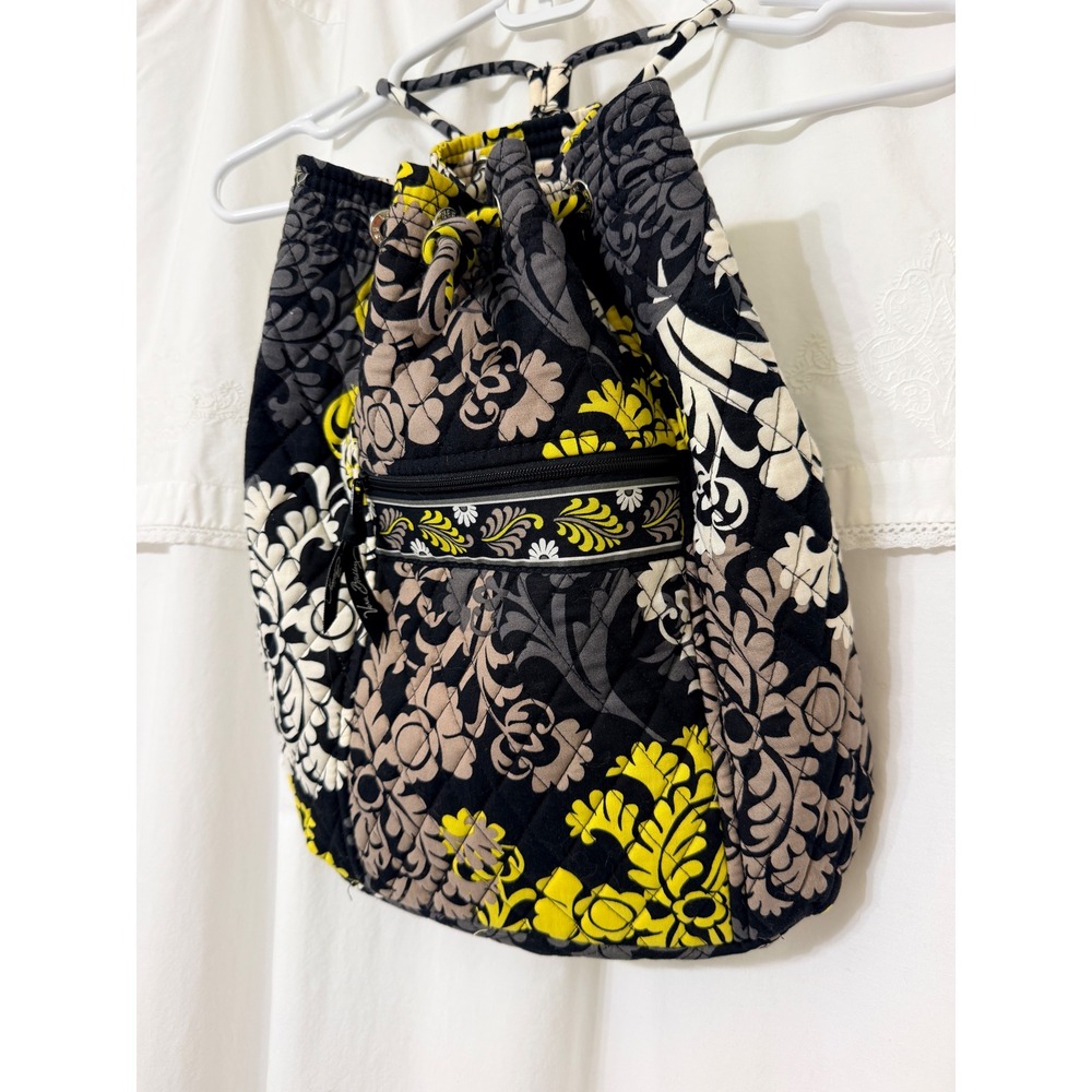 Vera Bradley Baroque Quilted Cotton Cinch Drawstring Backpack Black Yellow - Picture 3 of 9